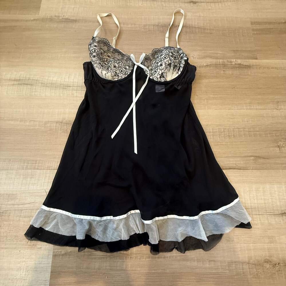 Linea Donatella Vintage Y2K Black White Lace Babydoll Slip Dress Size L Coquette